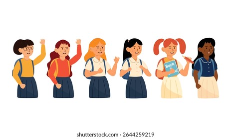 A group of six girls in uniform happily waving and holding school items