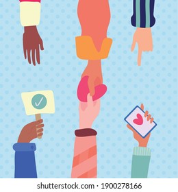 group of six hands friendship drawn style icon vector illustration design