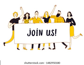 Group of six happy friends, boys and girls, holding big banner. Including join us title. Cartoon illustration for your design.