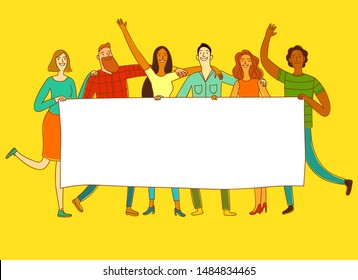 Group of six happy friends, boys and girls, holding big blank banner. Place any title you like. Colorful cartoon illustration for your design.