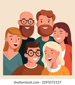 Grupo de seis felices amigos que hablan. Retrato De Grupo De Personas Diversas. Ilustración de vectores de dibujos planos.