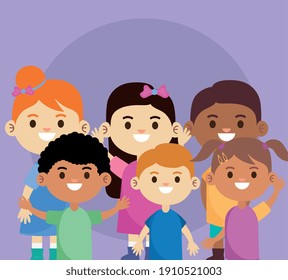 group of six interracial little children characters vector illustration design