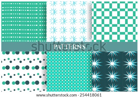 Group of six patterns with stars, rectangles and dots 