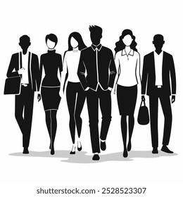 A group of six people in business attire walking together, showcasing unity and teamwork. This simple yet powerful illustration is perfect for presentations, websites, and social media.