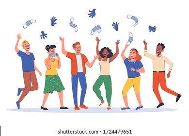 Group of six people celebrating the end of the Covid 19 Quarantine Pandemic throwing up their sanitary masks and gloves. Hand drawn vector illustration isolated on white background.