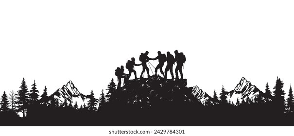 A group of six people Hiking on the mountain vector illustration. landscape silhouette concept.