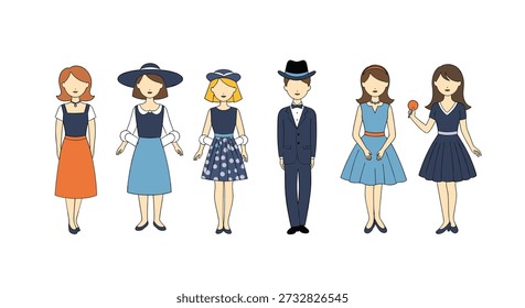 Group of six people showcases various vintage fashion styles from the mid-twentieth century with hats and elegant dresses.