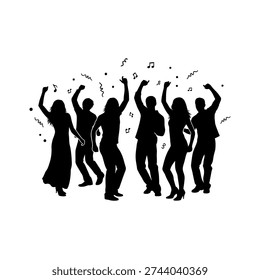 A group of six people, three men and three women, are silhouetted in various dynamic dance poses, surrounded by floating musical notes and confetti, on a white background.