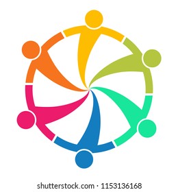 Group of six persons in circle. holding hands.The summit workers are meeting in the same power room.