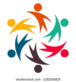 Group of six persons in circle. holding hands.The summit workers are meeting in the same power room.