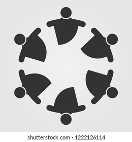Group of six persons in circle. holding hands.The summit workers are meeting in the same power room.