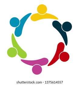 Group of six persons in circle. holding hands.The summit workers are meeting in the same power room