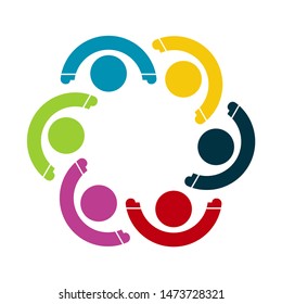 Group of six persons in circle. holding hands.The summit workers are meeting in the same power room.