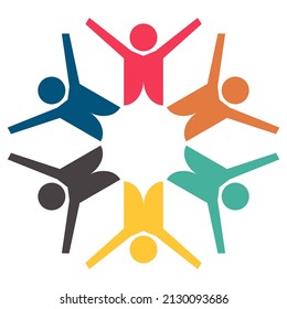Group of six persons in circle. holding hands.The summit workers are meeting in the same power room.