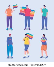 grupo de seis personas con indicadores lgtbi caracteres diseño de ilustración vectorial
