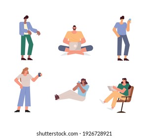 grupo de seis personas trabajando avatares caracteres diseño de ilustración vectorial