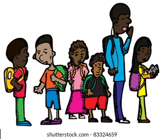 Group of six schoolchildren on isolated background