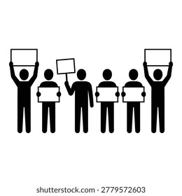 A group of six simplified black figures stands in a row each holding a blank white sign or banner isolated on a transparent background