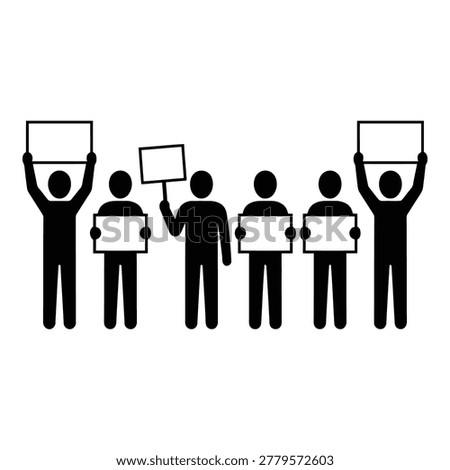 A group of six simplified black figures stands in a row each holding a blank white sign or banner isolated on a transparent background