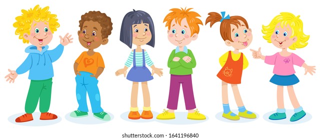 A group of six small funny children with different skin and hair colors. In cartoon style. Isolated on a white background. Vector illustration.