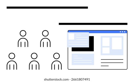 Grupo de seis figuras de palo junto a una ventana del navegador que contiene Elementos de Sitio web. Ideal para colaboración en equipo, Diseño web, planificación de proyectos, desarrollo digital, experiencia de usuario, trabajo en equipo, educación