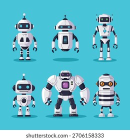 Eine Gruppe von sechs stilisierten Robotern mit einzigartigen Formen, Farben und mechanischen Details, die in einem flachen Design-Stil präsentiert werden.