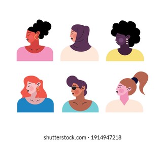 group of six young women characters vector illustration design