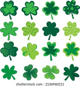 Group of sixteen green shamrocks and clovers