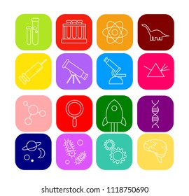 A group of sixteen line icons on scientific and technological topics