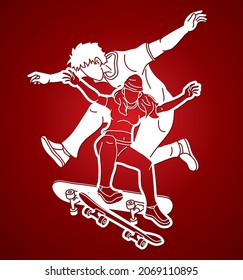 Group of Skateboarder Playing Skateboard Together Extreme Sport Cartoon Graphic Vector