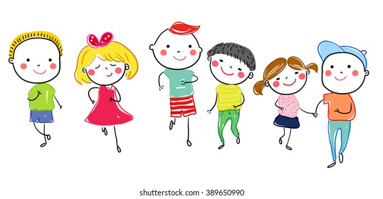 Group of sketch kids running