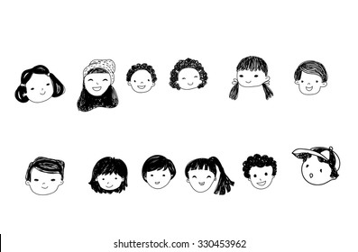 Group of sketch people face set