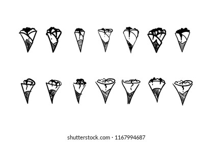 Group of Sketchy French Crepes Line Art Illustrations
