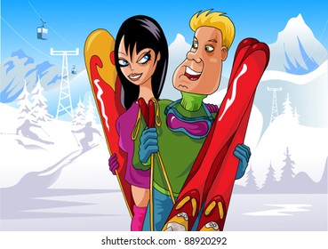 Group of skiers coming down the mountain road;