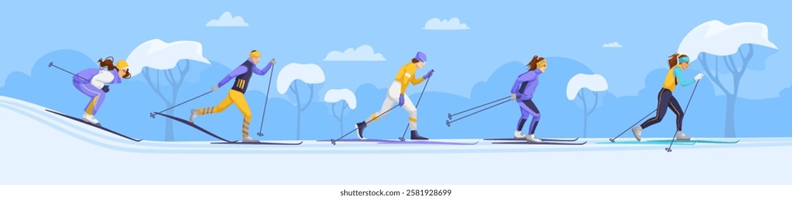 Group of skiers engaging in winter sports in snowy landscape. Vector illustration