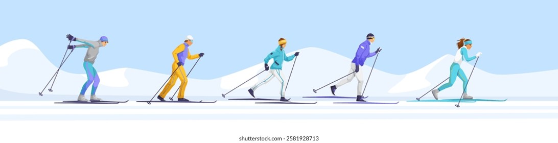 Group of skiers engaging in winter sports on snowy terrain. Vector illustration