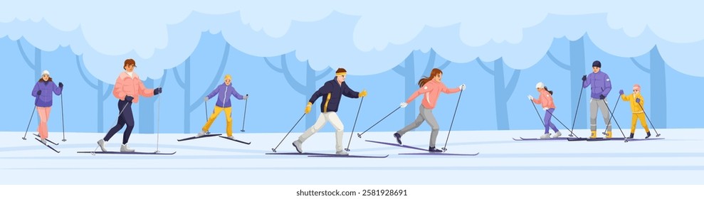 Group of skiers enjoying winter sport in snowy forest landscape. Vector illustration