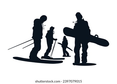 Group of skiers and snowboarders winter sport stands at ski resort. Silhouette people vector illustration