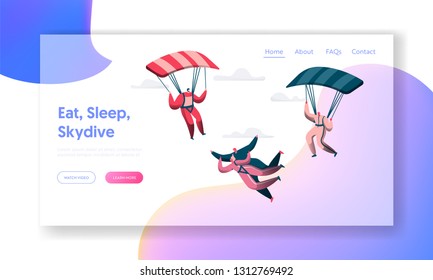 Group Of Skydivers Fly Between Clouds Landing Page. Happy People Planes With Parachutes Extreme Sport Concept. Man And Woman Character In Sky Website Or Web Page. Flat Cartoon Vector Illustration