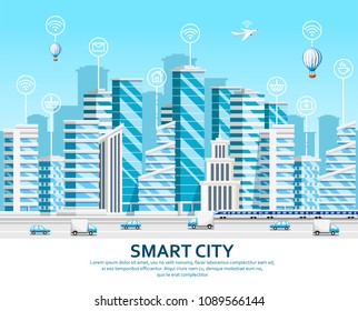 Group of skyscrapers. City design elements. Smart city concept with smart services and icons, internet of things. Vector illustration on sky background. Web site page and mobile app design.