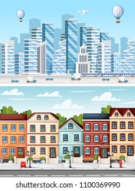 Group of skyscrapers. Residential district. Business building collection. City design elements. Vector illustration on sky background. Web site page and mobile app design.