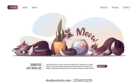 Group of sleeping eating and playing cats. Pet, kitty, kitten, animal, domestic life, veterinary concept. Vector illustration for poster, banner, website.