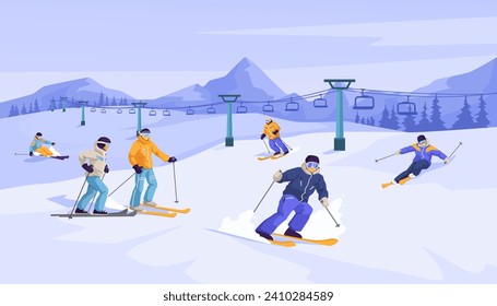 Group of sliding professional skier in warm sport suit with googles. Extreme downhill. Scenic picturesque mountain landscape. Winter holiday resort and vacation. Vector illustration