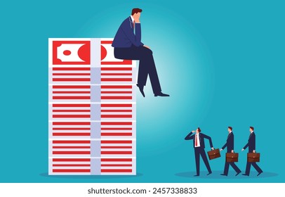 A group of small businessmen looking at the big businessmen sitting on piles of money, the inequality and imbalance of wealth, the gap between rich and poor, the income gap