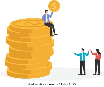 A group of small businessmen looking at the big businessmen sitting on piles of money, the inequality and imbalance of wealth,