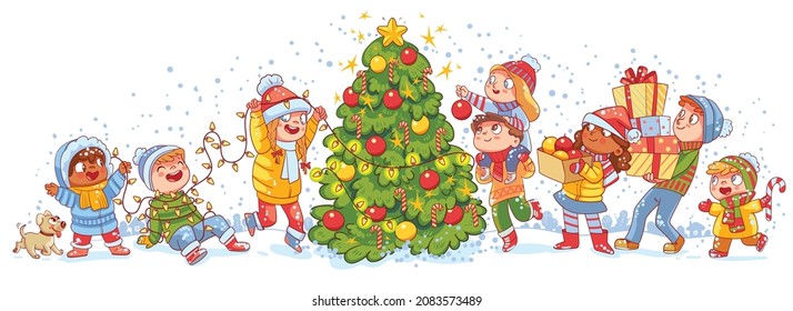 Group Of Small Children Decorate The Christmas Tree Outside. Kids Playing In Winter Outdoors. Colorful Cartoon Characters. Funny Vector Illustration. Isolated On White Background. Seamless Panorama