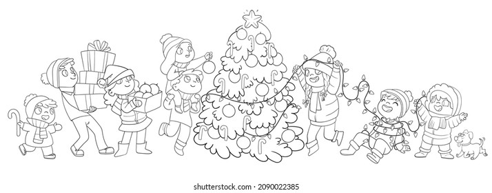 Group Of Small Children Decorate Christmas Tree Outside. Kids Playing In Winter Outdoors. Funny Cartoon Characters. Vector Illustration. Isolated On White Background. Panorama. Coloring Book