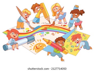 Group Of Small Children Draw Big Picture Together Using Large Art Supplies. Colorful Cartoon Characters. Funny Vector Illustration. Isolated On White Background