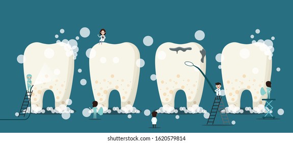 Group of small dentists are caring for a large tooth. Dental personage vector illustration. Illustration for children dentistry. Oral hygiene, teeth cleaning.
