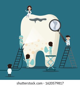 Group of small dentists are caring for a large tooth. Dental personage vector illustration. Illustration for children dentistry. Oral hygiene, teeth cleaning.